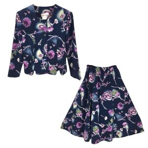 LEO DANAL Vintage Navy Blue Floral 2 Piece Skirt Suit size 8